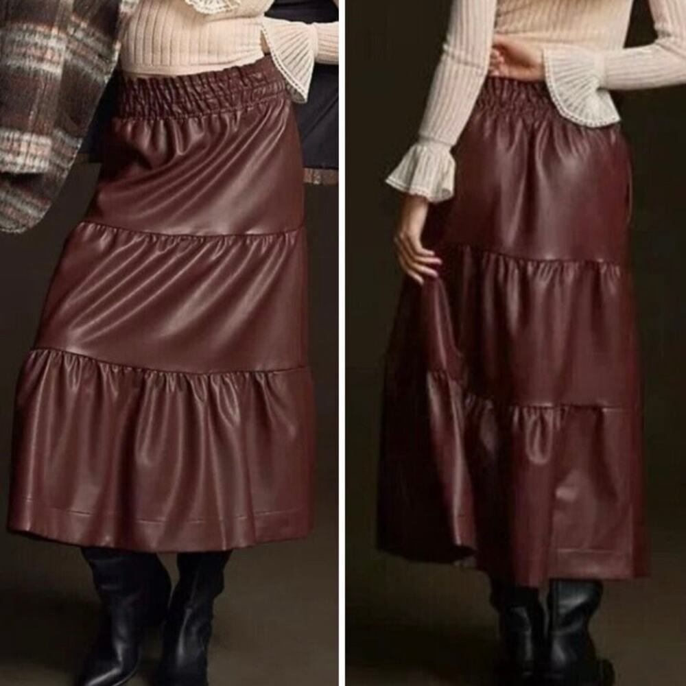 Anthropologie Somerset Faux Leather Maxi Skirt in Rum Raisin